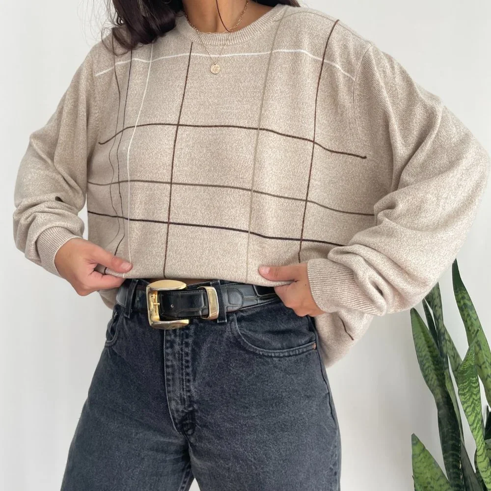 Vintage plaid oversized crew dad sweater - Picture 4 of 8